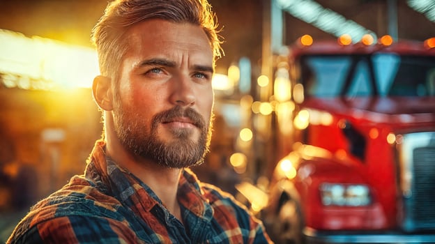 A man in a plaid shirt standing in front of a truck photo