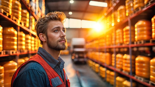 A man standing in a warehouse with orange barrels photo