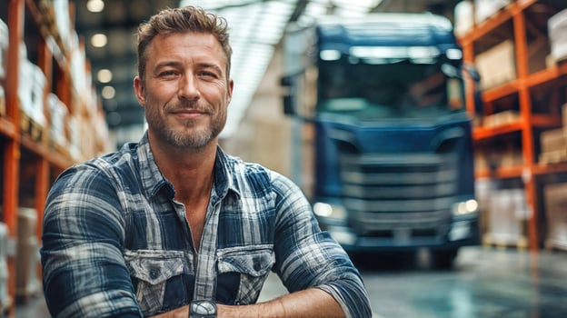A man standing in front of a warehouse with a truck in the background photo