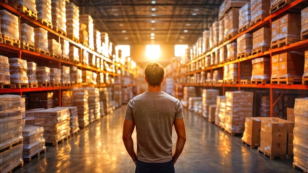 A man standing in a warehouse with boxes photo