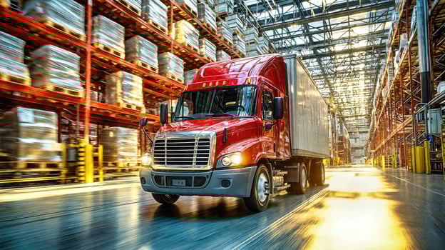 A red truck driving through a warehouse photo