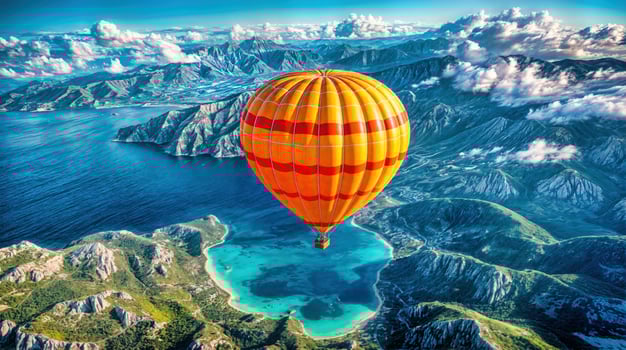 An orange hot air balloon flying over the blue water and mountains photo