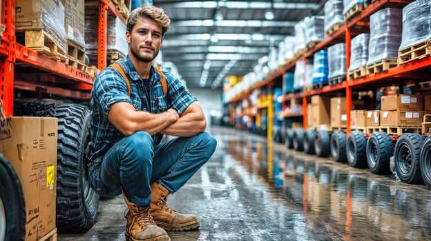 A man in a warehouse with boxes and tires photo