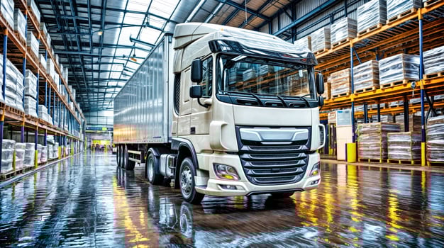 A large truck is driving through a warehouse photo