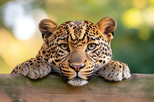 Leopard resting its paws on wooden plank, looking ahead photo