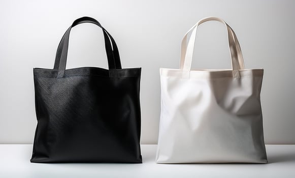 Two black and white tote bags on a white surface photo