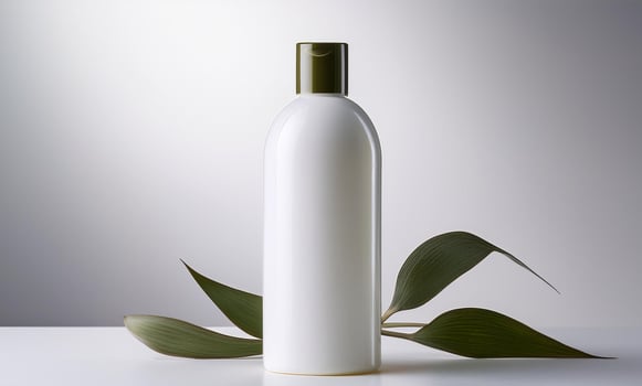 A bottle of shampoo and a leaf on a table photo