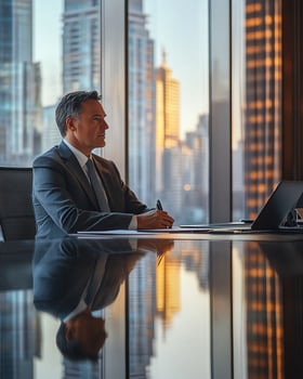Businessman in a modern office, reflecting cityscape during sunset, illustrating corporate focus and ambition. photo