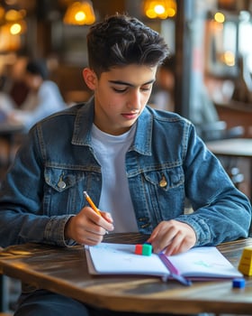 Focused teen in denim jacket studying in cozy cafe. Warm lighting, concentrated expression, casual setting. photo