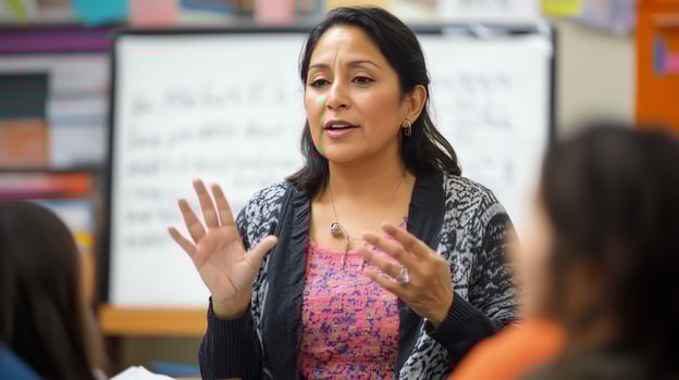 Woman engaging in a lively classroom discussion with attentive students. photo