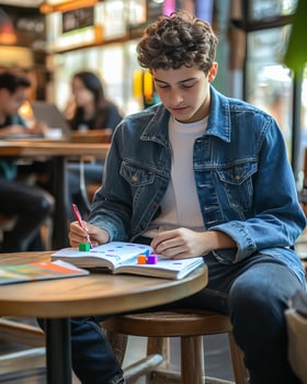 Young man studying at cozy cafe, surrounded by books and casual atmosphere, focused on notes and creative ideas. photo