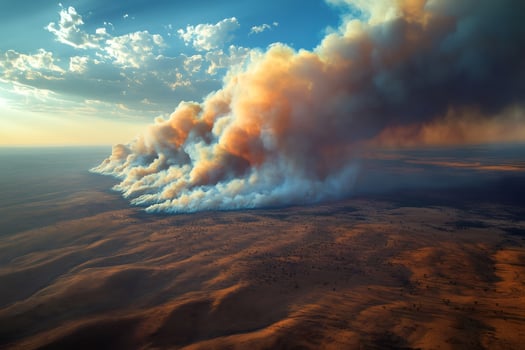 Wildfire burning across a large area of dry grassland creating a massive smoke plume photo