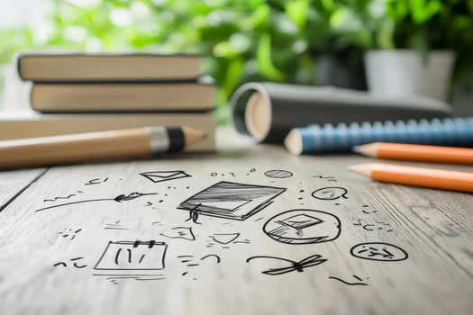 Graduation planning sketch with books and pencils on desk photo
