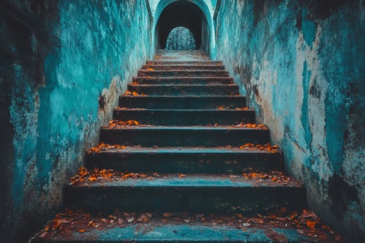 Old stone staircase leading to dark tunnel in crumbling building photo