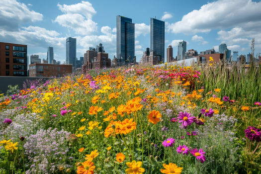 Colorful wildflowers blooming on green roof in manhattan with new york city skyline photo