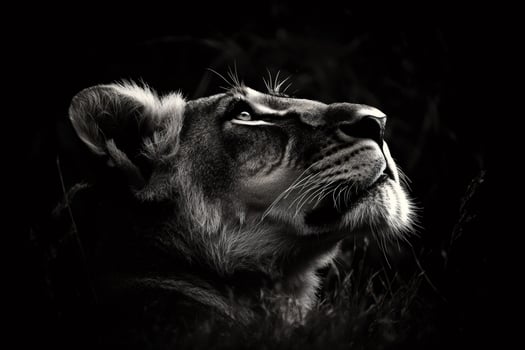 Lioness observing upwards in black and white with dark background photo