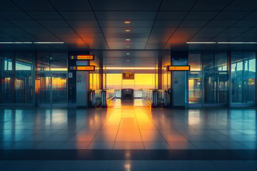 Empty Airport Terminal with Moving Walkways at Sunset photo