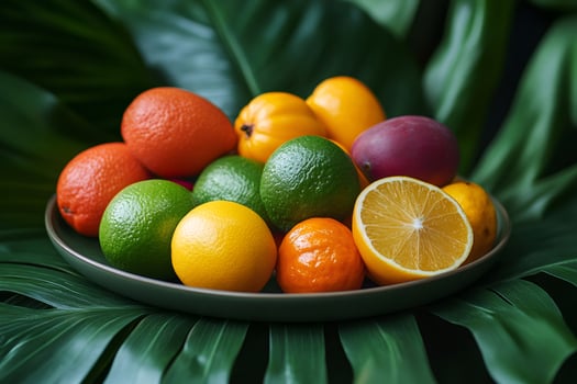 Plate presenting fresh citrus fruits on tropical leaf photo