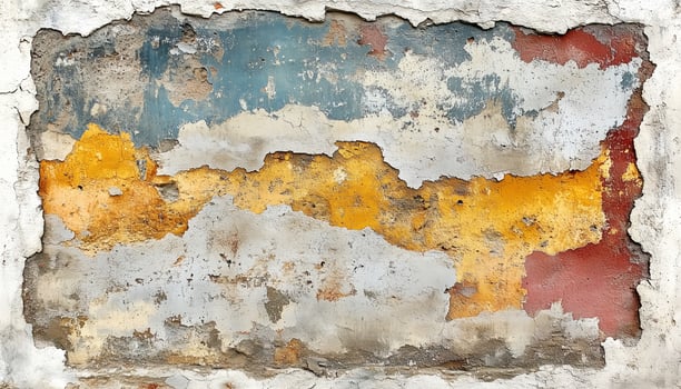 An old, dirty wall with paint peeling off photo