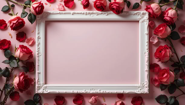 Elegant Valentine's Day Frame Mockup with Red and Pink Roses Pastel Background photo