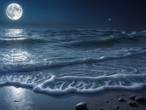 The ocean waves gently crashing on the shore under the glow of moonlight. photo