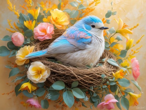 Bird sits quietly in its nest surrounded by vibrant flowers. photo