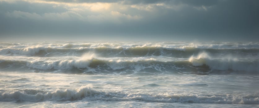 Soft Diffused Light Over Stormy Sea in Slow Motion. photo