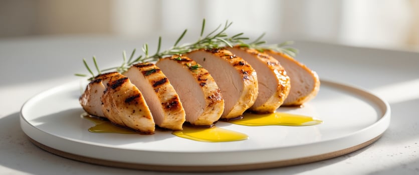 Grilled Chicken Breast Slices with Olive Oil Drizzle photo