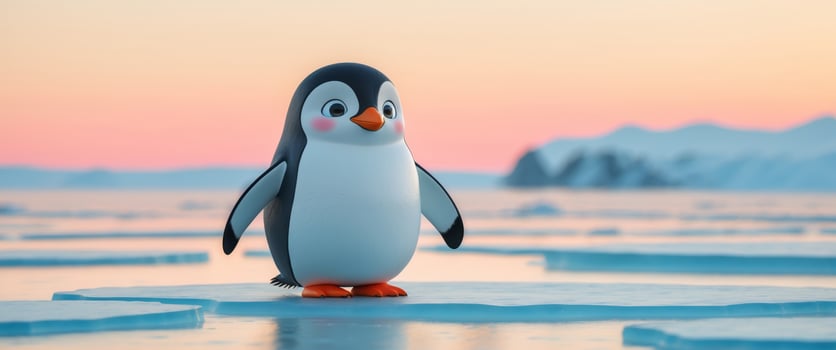 Adorable Cartoon Penguin on Antarctic Ice Floe at Sunset photo