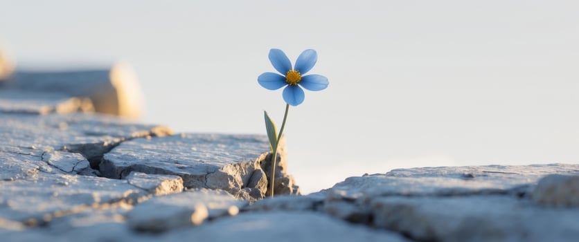 a small blue flower is growing out of some rocks photo