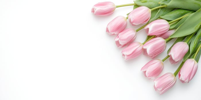 A stunning and colorful arrangement of vibrant pink tulips positioned in an elegant diagonal layout against a bright white backdrop, ideal for spring themes or any floral designs or decorations photo