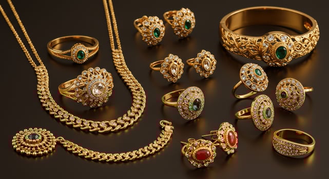 A collection of shining gold jewelry pieces with detailed craftsmanship and luxurious appeal. photo