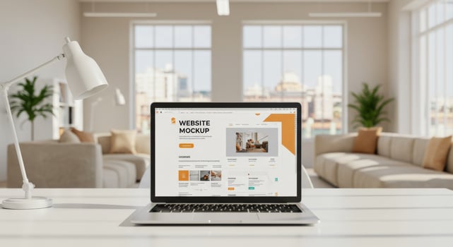 A mockup of a website design displayed on a laptop screen in a bright, modern office. photo