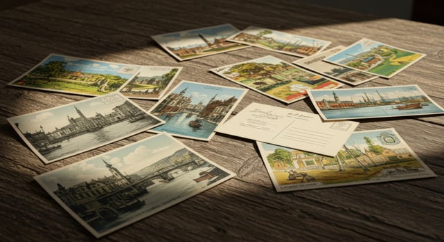 A collection of vintage postcards from different countries displayed on a wooden table. photo