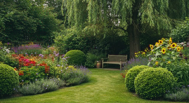 A well maintained garden with colorful flowerbeds, neatly trimmed bushes, and a tranquil sitting area under a shady tree. photo