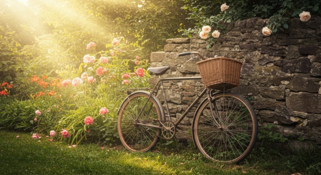 A vintage bicycle leaning against a stone wall in a sunlit garden filled with flowers. photo