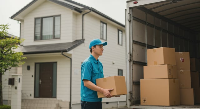 A delivery driver unloading boxes from a truck at a customer s doorstep. photo