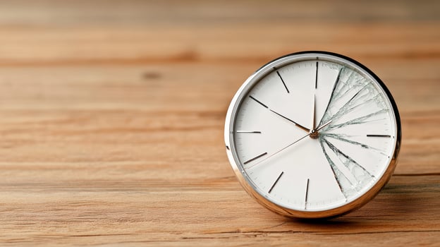 A clock with a broken face on a wooden table photo