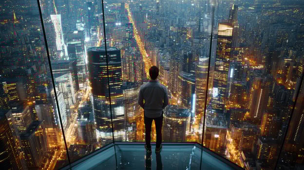 Man standing on glass floor looking at city at night photo