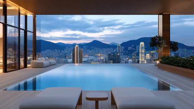 A pool in a modern home overlooking the city photo