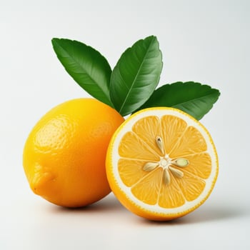 Invigorating half slice lemon with leaf bursting with natural energy and zest photo
