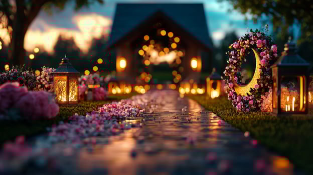 traditional Ramadan entranceway is adorned ornate lanterns and fresh flowers creating warm and inviting atmosphere during sunset celebrations of Eid photo