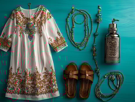 beautifully laid out traditional dishdasha leather sandals prayer beads and silver oud bottle representing spirit of Eid al Fitr and cultural traditions photo
