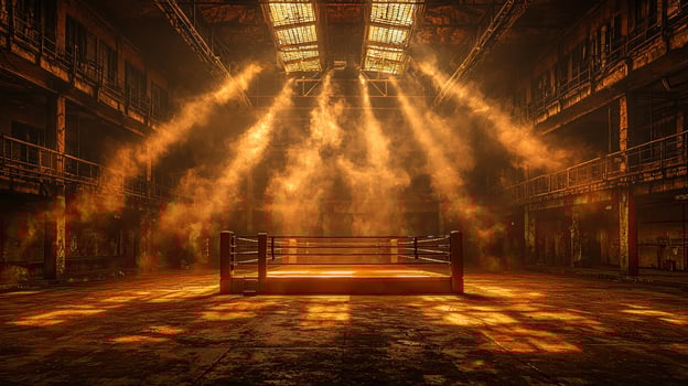 In dimly lit audience hall boxing ring stands illuminated rays of spotlight filtering through smoke creating dramatic and intense atmosphere for event photo