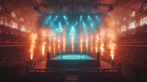 electrifying boxing night packed audience is highlighted boxing ring illuminated spotlights and surrounded smoke. intense energy and excitement fill air photo