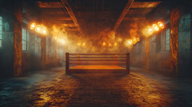 energetic boxing night unfolds as spotlight focuses on ring surrounded smoky ambiance. audience eagerly anticipates matches immersed in excitement and tension photo