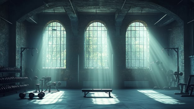 unique fitness advertisement showcases geolocation pin formed from weights and kettlebells against dark industrial gym backdrop. Strong lighting highlights equipment's textures photo