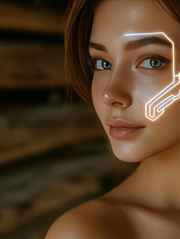 Futuristic woman with glowing facial augmentation photo