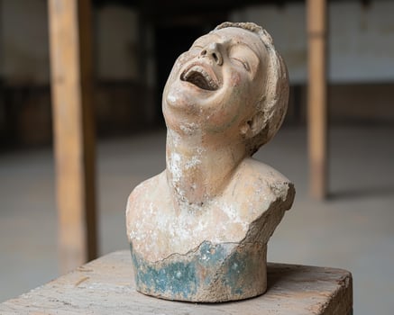 A weathered bust of a laughing person photo