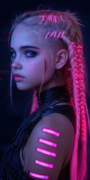 Cyberpunk girl with neon braids and shoulder lights photo